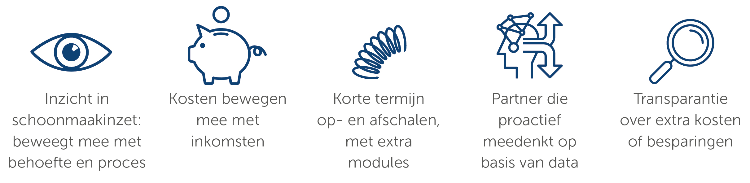 Vijf iconen die uitbeelden wat het concept Flex oplevert voor de klant: een oog, een spaarvarken, een veer (spiraal), een hoofd waar pijlen uitkomen en een vergrootglas