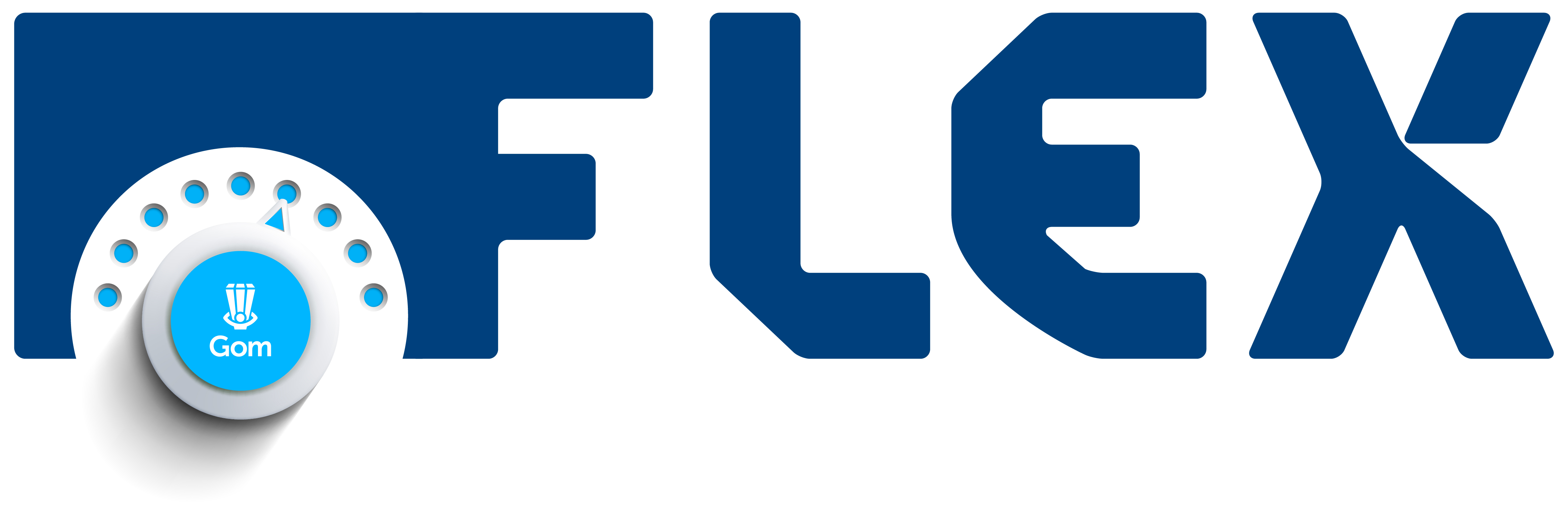 het beeldmerk van Gom Flex; Flex in donderblauwe letters met een draaiknop ervoor