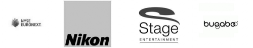 4 logo's in zwart wit: NYSE Euronext - Nikon - Stage Entertainment - Bugaboo