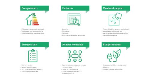 inphografic met de elementen energielabels, facturen, maatwerkrapportage, energie audit, analyse meetdata en budget gerelateerdt
