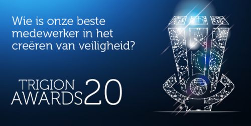 Blauw vlak met de titel 'Trigion Awards 2020' en 'Wie is onze beste medewerker in het creëren van veiligheid?'