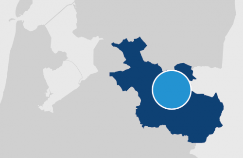 Een deel van de landkaart van Nederland, waarbij regio Midden-Oost Overijssel is uitgelicht.