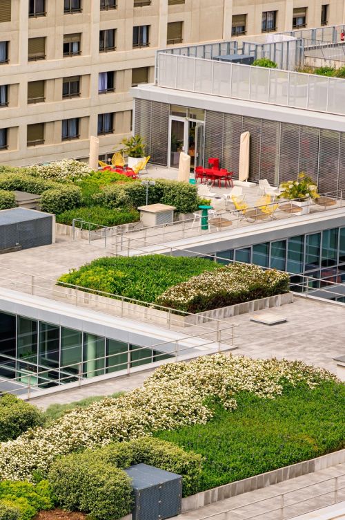 Gebouw met een duurzaam groen dak met terras