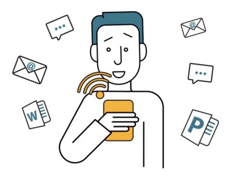 Getekend poppetje geeft aan welke items hij ontvangt via Wifi op zijn telefoon zoals e-mail, powerpoint presentaties, word documenten en smsjes.