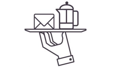 een getekend icoon van een hand die een dienblad ophoudt met daarop een brief en een koffiepot