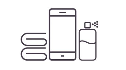 een getekend icoon van handdoekjes, een telefoon en een luchtverfrisser