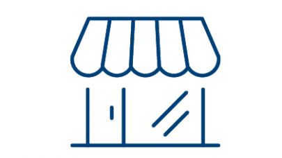 Getekend blauw icoon van een winkel met een luifel.