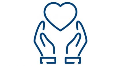 Blauw getekend icoon met twee handen en een hart in het midden.