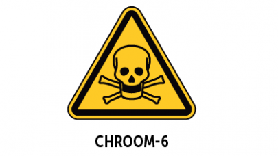 een geel veiligheidsbord voor chroom-6 met een getekend doodshoofd