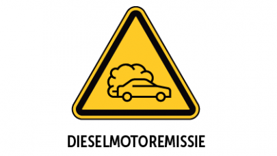 een geel veiligheidsbord voor dieselmotoremissie met een getekende auto met uitlaatgassen