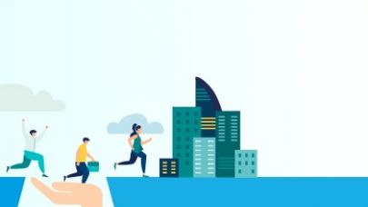 Illustratie animatiefiguurtjes die naar een kantoorpand lopen