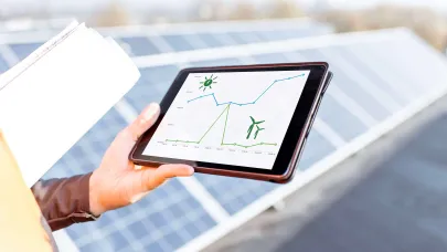 Facilitair medewerker op dak met zonnepanelen waar tablet rendement weergeeft