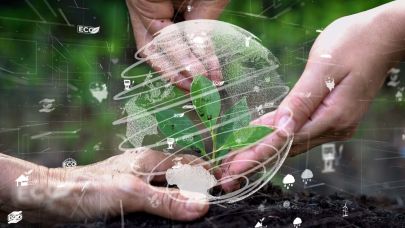 Wereldbol waarin een plantje groeit en waarom heen duurzaamheidslabeltjes draaien Wereldbol waarin een plantje groeit en waarom heen duurzaamheidslabeltjes draaien
