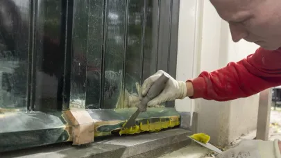 Schilder die houtrot aan raam het repareren is