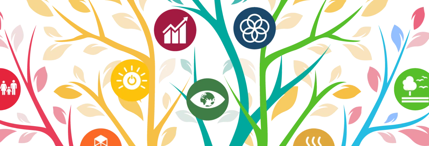 Getekende kleurrijke takken met daarin bollen met iconen van de sustainable development goals
