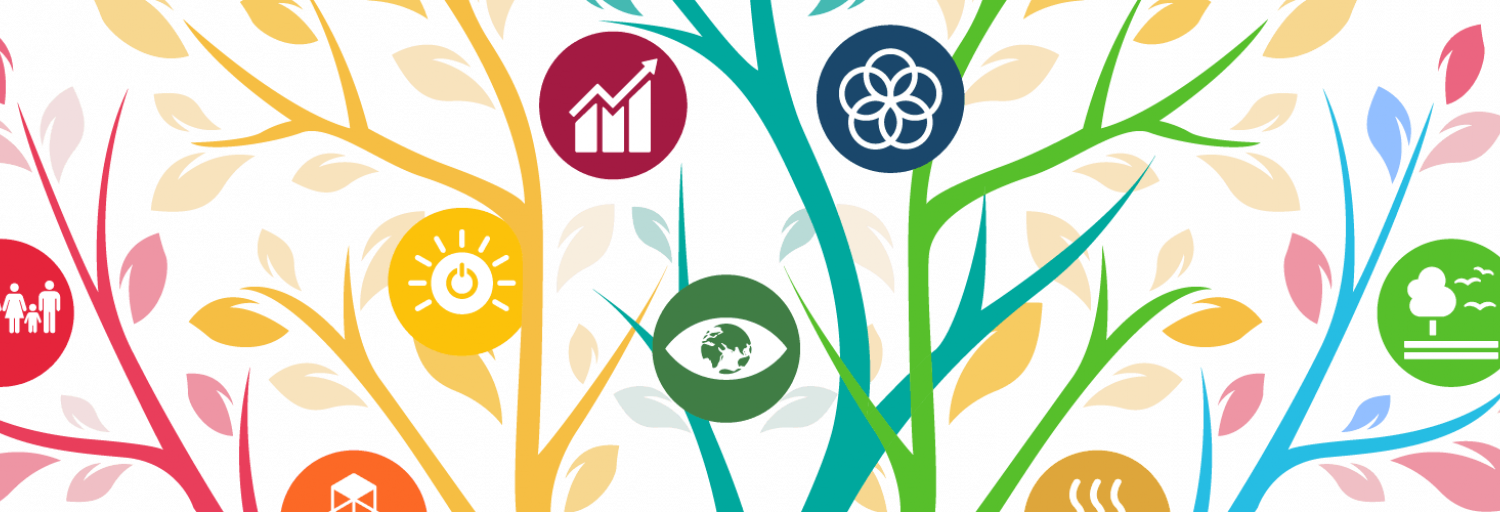 Getekende kleurrijke takken met daarin bollen met iconen van de sustainable development goals