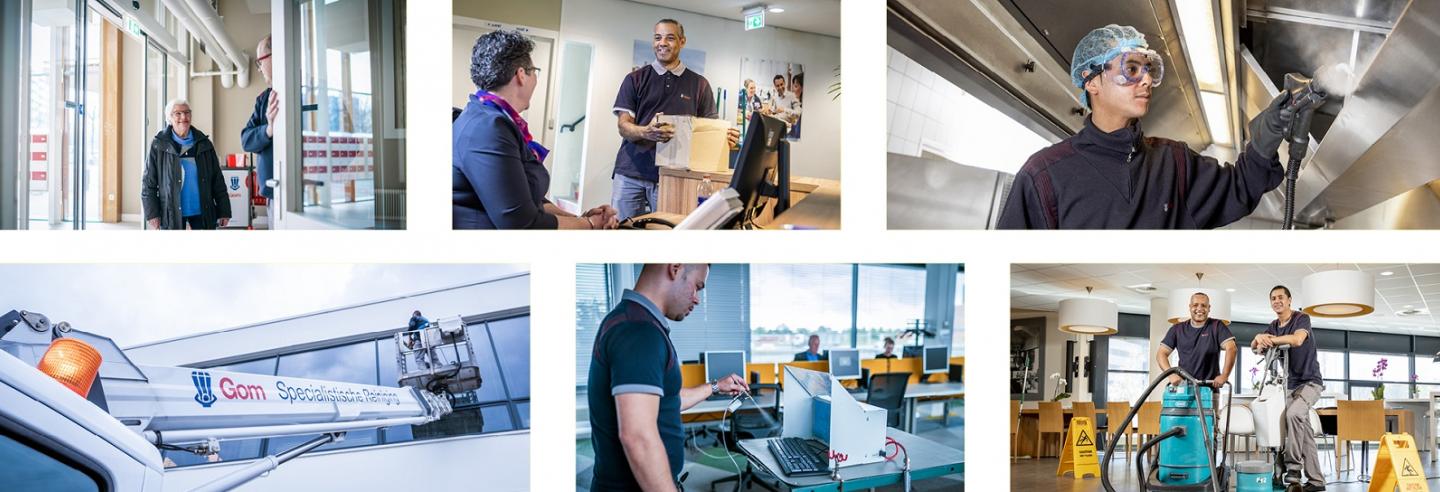 een collage van foto's van diensten van Gom Specialistische Reiniging; openbare ruimten, huismeesterdiensten, grootkeukenonderhoud, glasbewassing, computerreiniging en vloeronderhoud