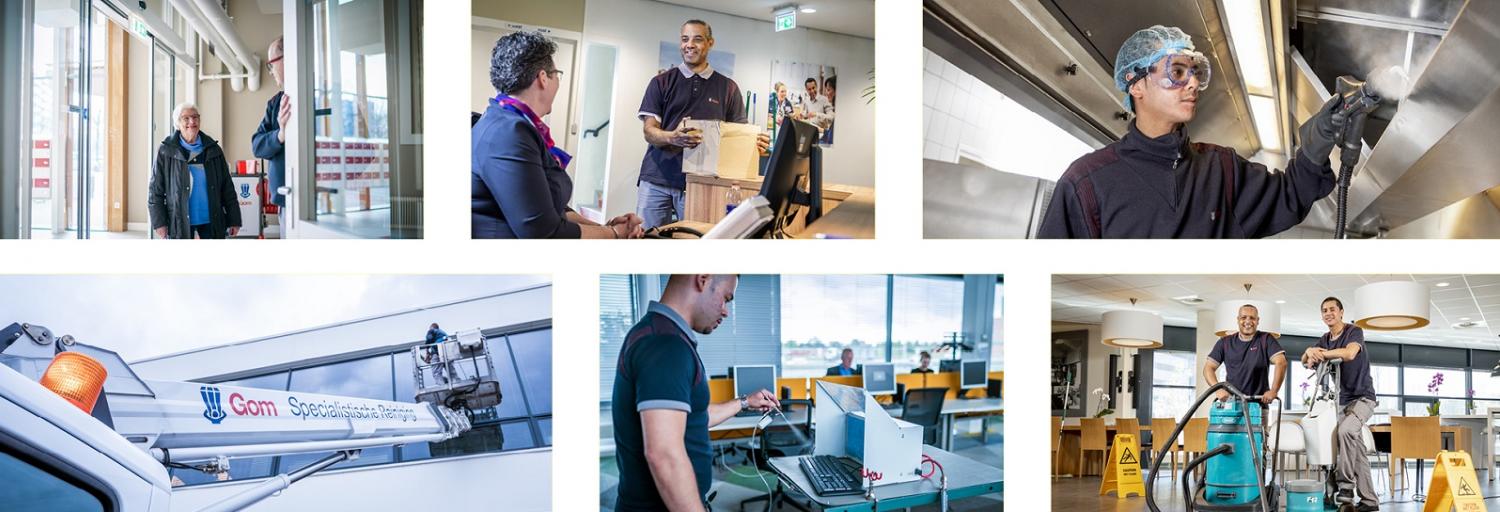 een collage van foto's van diensten van Gom Specialistische Reiniging; openbare ruimten, huismeesterdiensten, grootkeukenonderhoud, glasbewassing, computerreiniging en vloeronderhoud