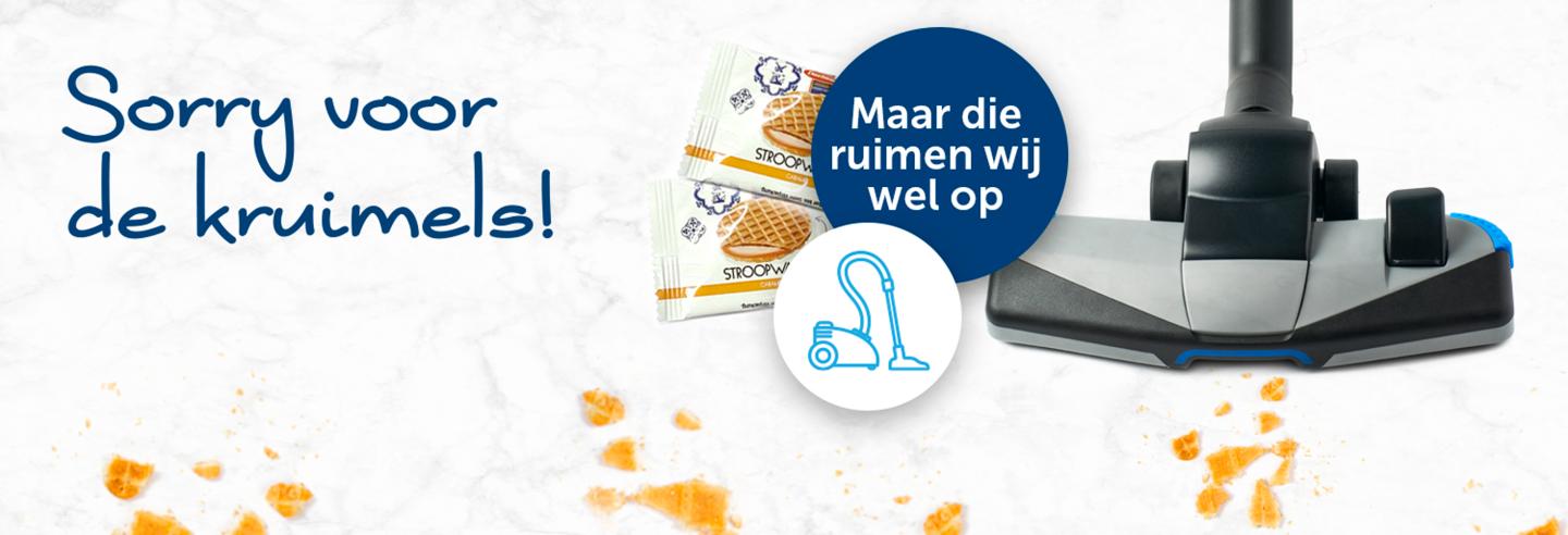 Sorry voor de kruimels, maar die ruimen wij wel op. Stroopwafelkruimels met een stofzuiger.