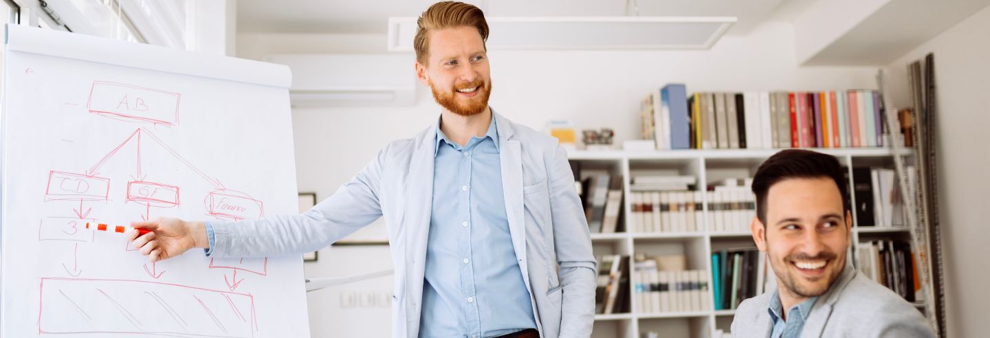 2 lachende mannen voor een whiteboard