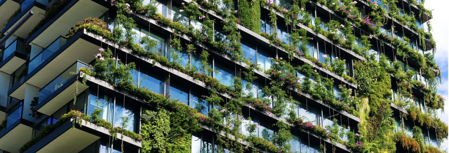 Hoog flatgebouw aan buitenzijde volledig voorzien van groene beplanting