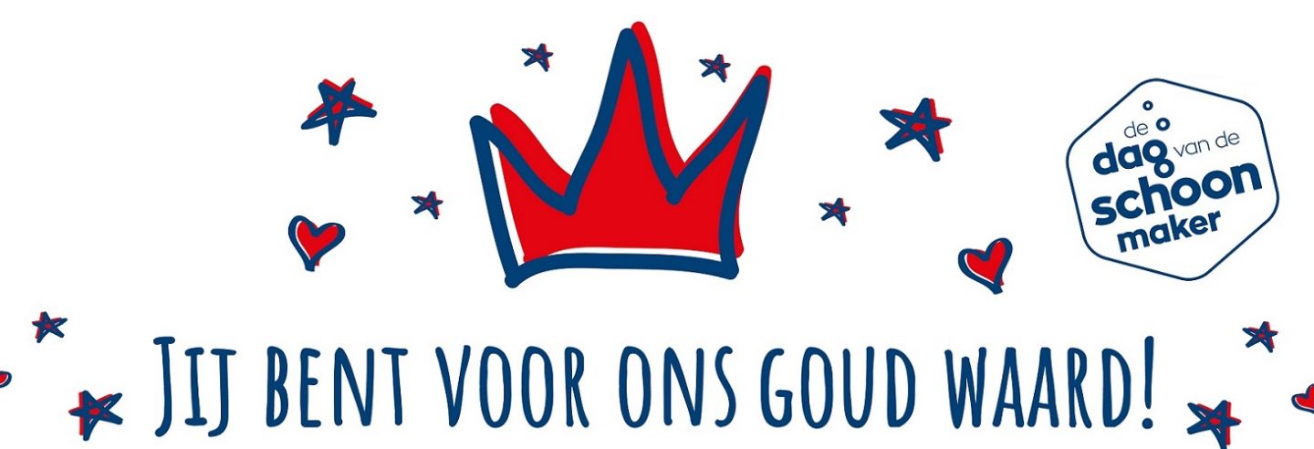 Een rood kroontje met sterretjes en hartjes eromheen, daaronder de tekst "Jij bent voor ons goud waard!" en het logo van De Dag van de Schoonmaker in het blauw ernaast