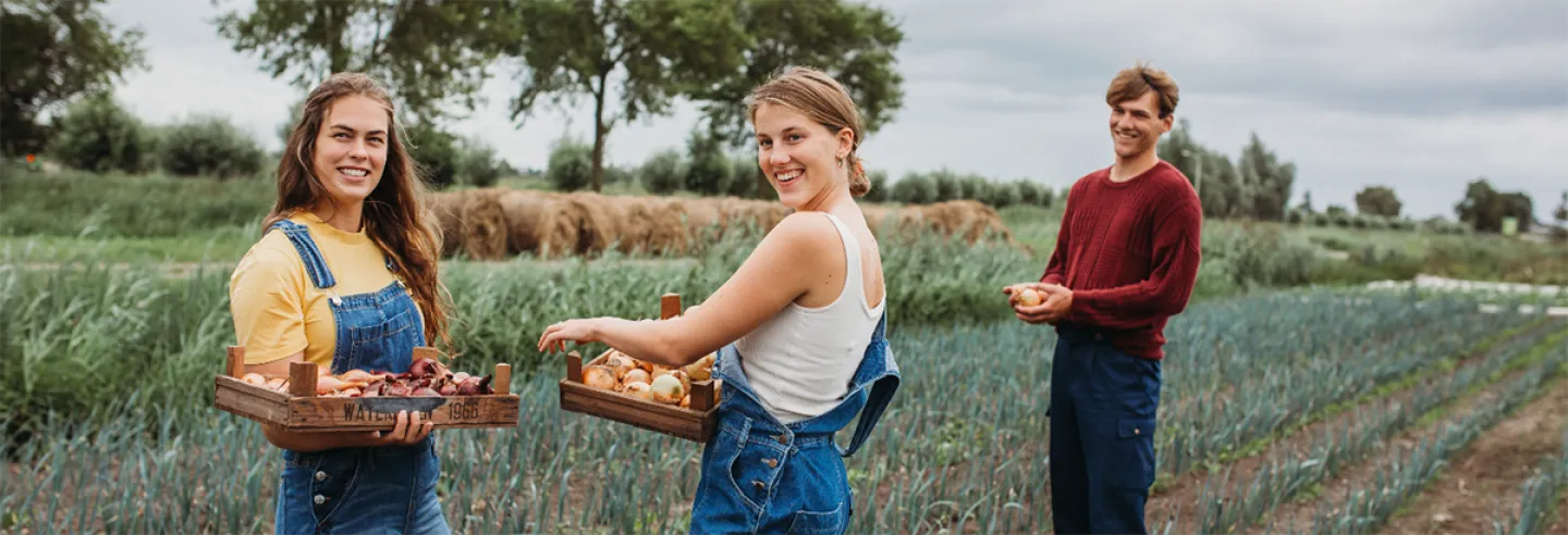meiden lachen met mand geplukte groenten op wei
