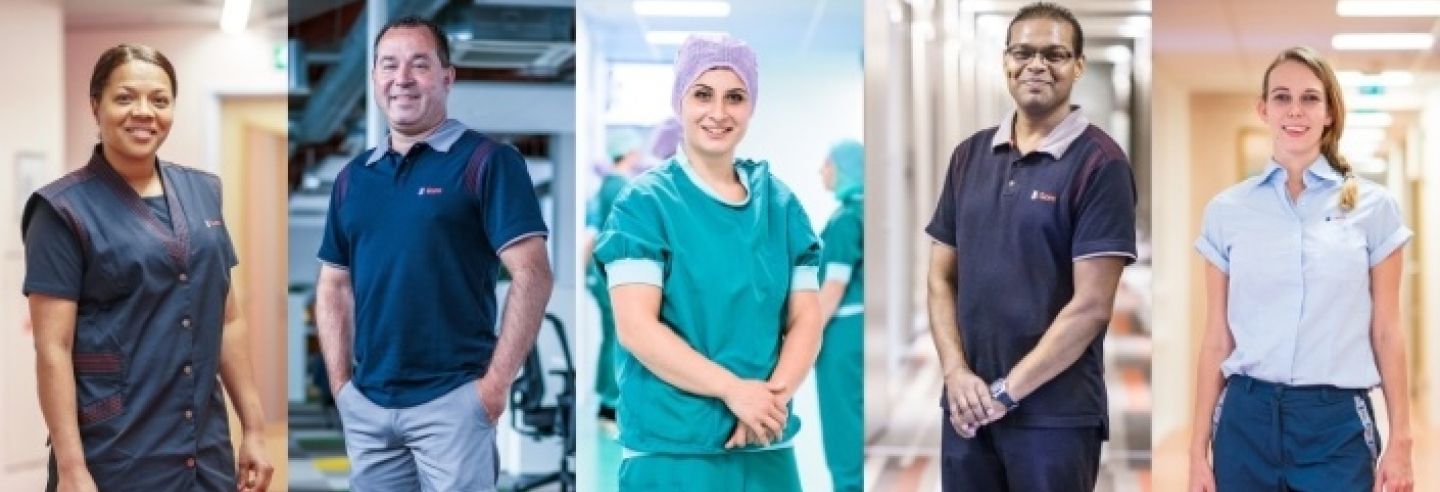 Afbeelding van vijf verschillende medewerkers die een andere dienst vertegenwoordigen van Gom