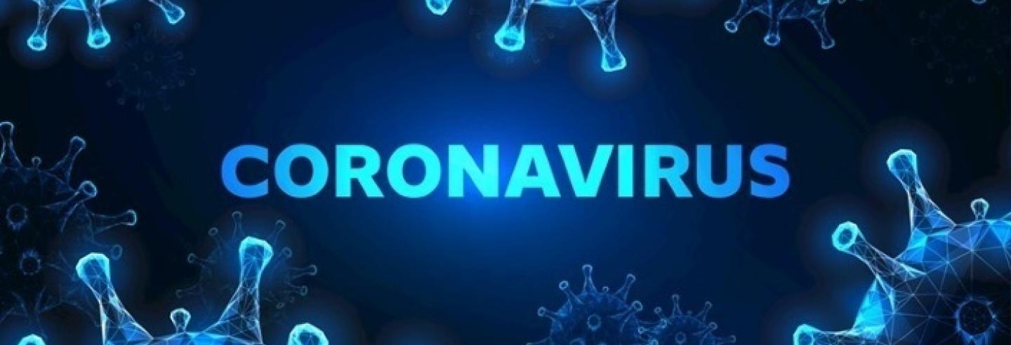 Een blauwe afbeelding waarin lichtbaluwe virusdeeltjes te zien zijn met in het midden de titel Coronavirus.