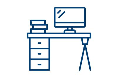 Icoon van een bureau met daarop een stapel boeken en een monitor