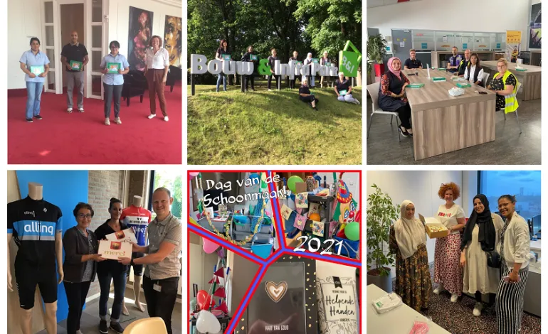 collage foto's overhandiging cadeautje van De dag van de schoonmaker