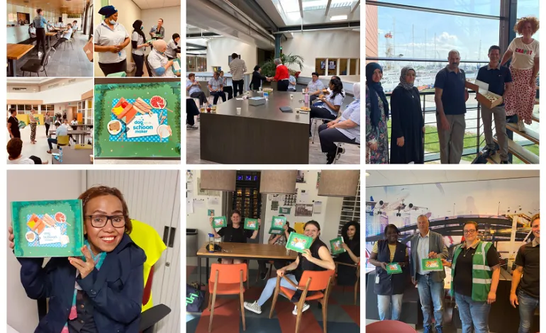 collage foto's overhandiging cadeautje van De dag van de schoonmaker