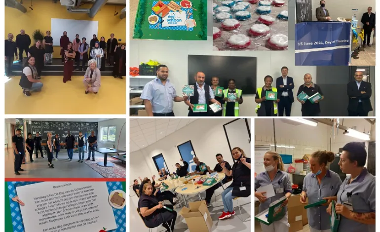 collage foto's overhandiging cadeautje van De dag van de schoonmaker