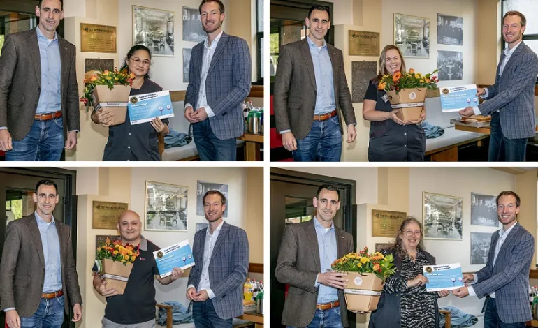 4 medewerkers krijgen bloemen en certificaat overhandigd door 2 leidinggevenden, weergegeven in een collage