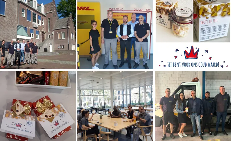 een collage van 6 foto's waarop lachende medewerkers van Gom staan