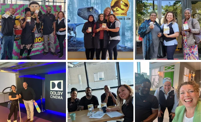 een collage van 6 foto's waarop lachende medewerkers van Gom staan