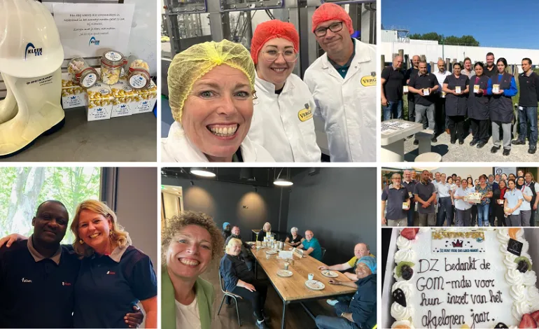 een collage van 6 foto's waarop lachende medewerkers van Gom staan