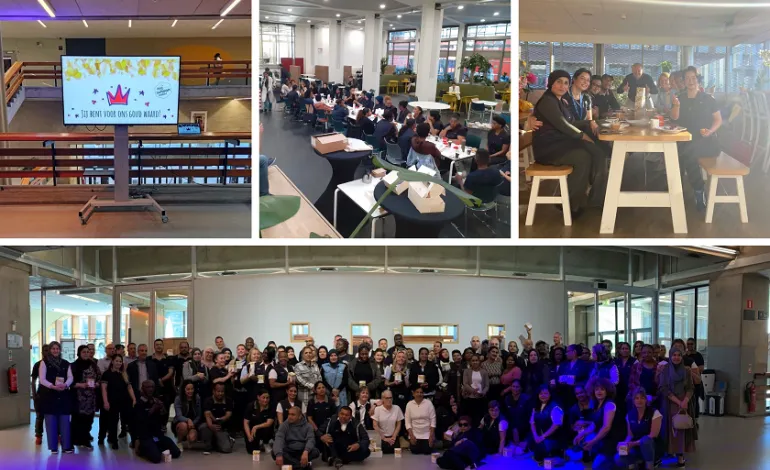 een collage van 4 foto's waarop lachende medewerkers van Gom staan