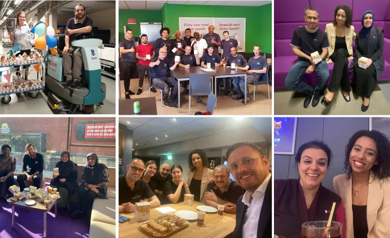 een collage van 6 foto's waarop lachende medewerkers van Gom staan
