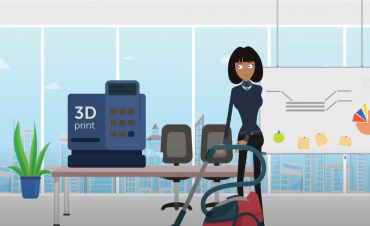 Animatie van een schoonmaakster van Gom die bij een 3d printer aan het schoonmaken is.