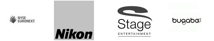 4 logo's in zwart wit: NYSE Euronext - Nikon - Stage Entertainment - Bugaboo