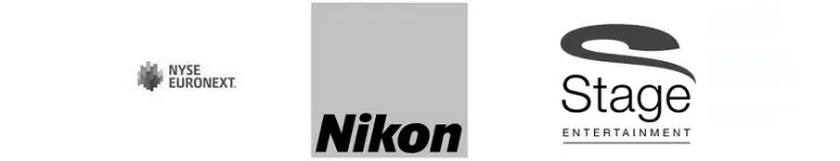 3 logo's in zwart wit: NYSE Euronext - Nikon - Stage Entertainment