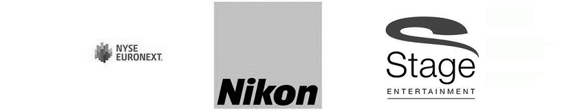 3 logo's in zwart wit: NYSE Euronext - Nikon - Stage Entertainment 