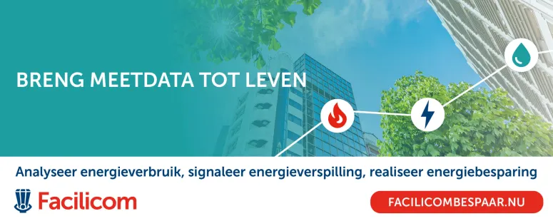 Banner facilicombespaar.nu met de tekst 'Breng meetdata tot leven'