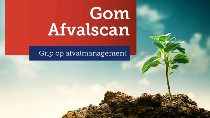 Afbeelding met de tekst ‘Gom Afvalscan – Grip op afvalmanagement’, met op de achtergrond een jonge plant die groeit uit een handvol aarde, symbool voor duurzame afvalverwerking en milieubewust ondernemen.