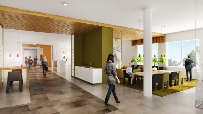 Visualisatie van het vernieuwde interieur van het gemeentehuis in Putten, met moderne inrichting, houten plafond en lichte open ruimtes.