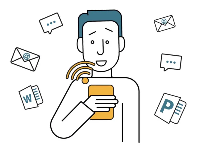 Getekend poppetje geeft aan welke items hij ontvangt via Wifi op zijn telefoon zoals e-mail, powerpoint presentaties, word documenten en smsjes.