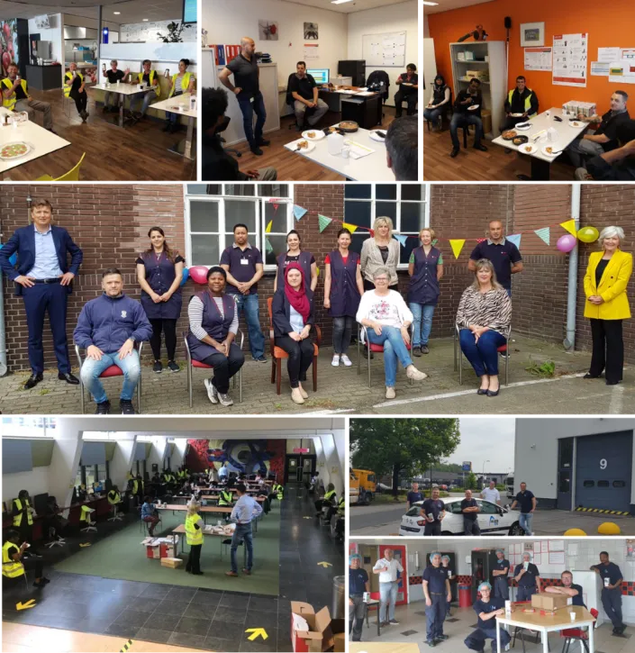 Collage van verschillende werk- en teammomenten met medewerkers in kantoor- en bedrijfskleding, zowel binnen als buiten, tijdens bijeenkomsten, groepsfoto’s en activiteiten.