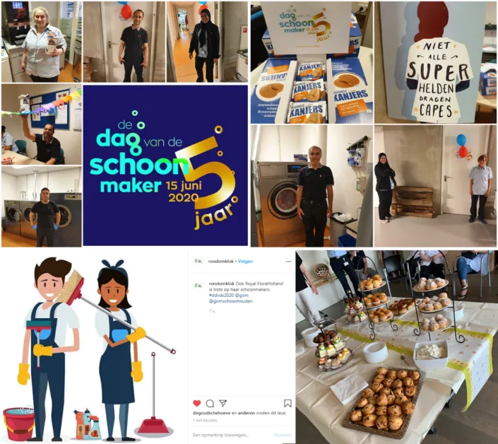 Collage ter gelegenheid van de Dag van de Schoonmaker op 15 juni 2020 met schoonmakers op de werkvloer, lekkernijen, cadeaus, illustraties en het motto “Niet alle superhelden dragen capes"