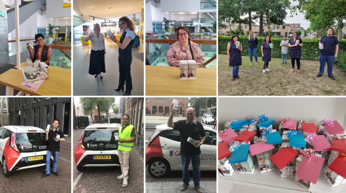 Collage van medewerkers die cadeauboxen en folders ontvangen of tonen, deels bij bedrijfsauto’s met Gom-logo en deels binnen of buiten op locatie, samen met een foto van kleurrijk verpakte geschenkdozen.
